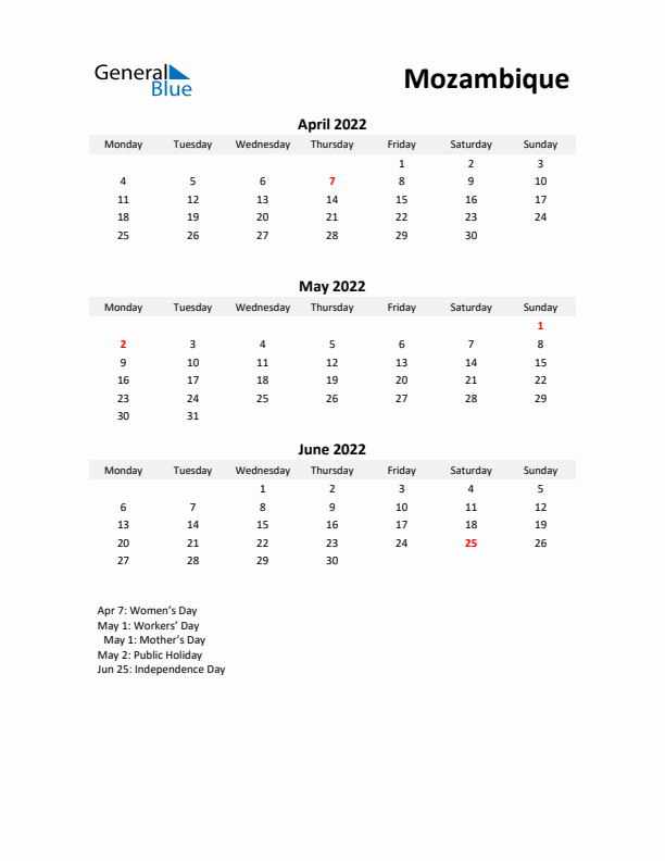 Printable Quarterly Calendar with Notes and Mozambique Holidays- Q2 of 2022