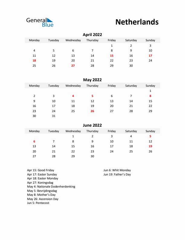 Printable Quarterly Calendar with Notes and The Netherlands Holidays- Q2 of 2022