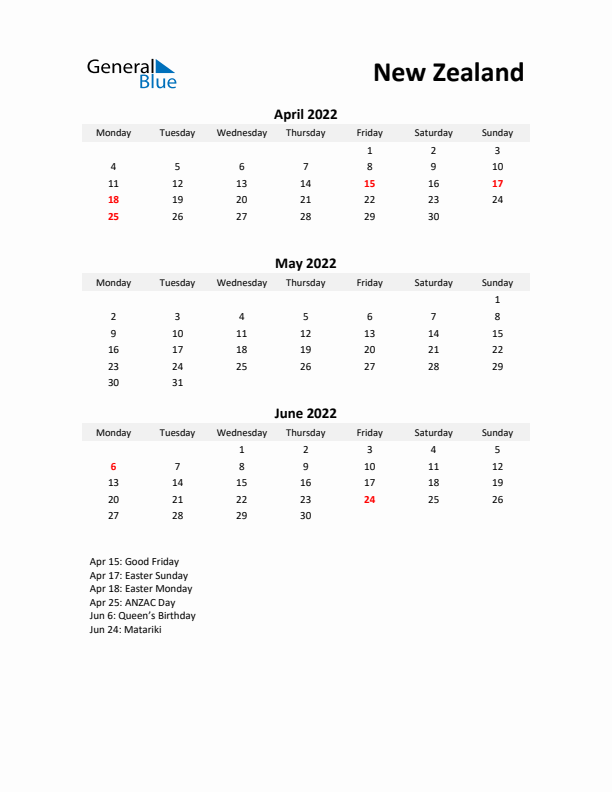 Printable Quarterly Calendar with Notes and New Zealand Holidays- Q2 of 2022