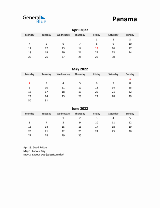 Printable Quarterly Calendar with Notes and Panama Holidays- Q2 of 2022