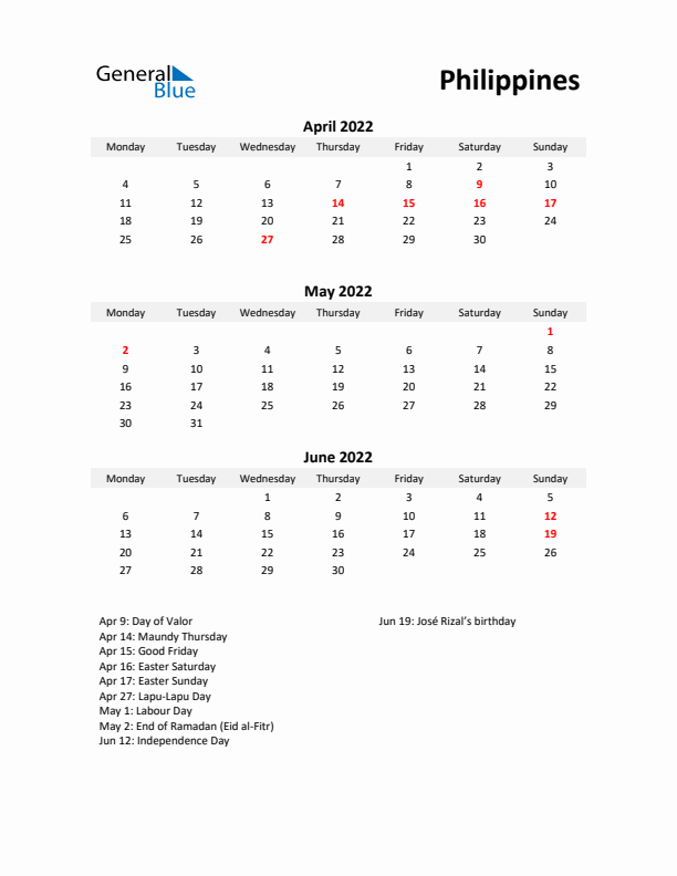 Printable Quarterly Calendar with Notes and Philippines Holidays- Q2 of 2022