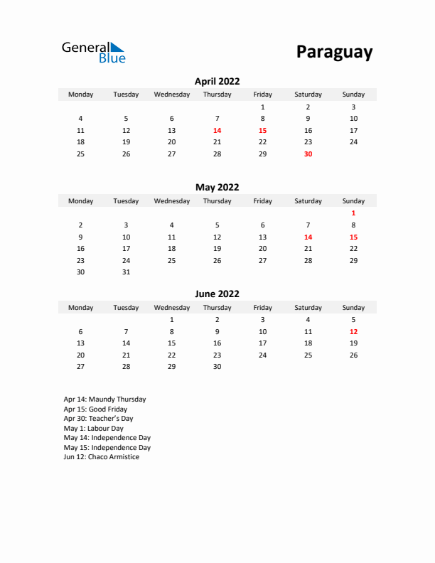 Printable Quarterly Calendar with Notes and Paraguay Holidays- Q2 of 2022