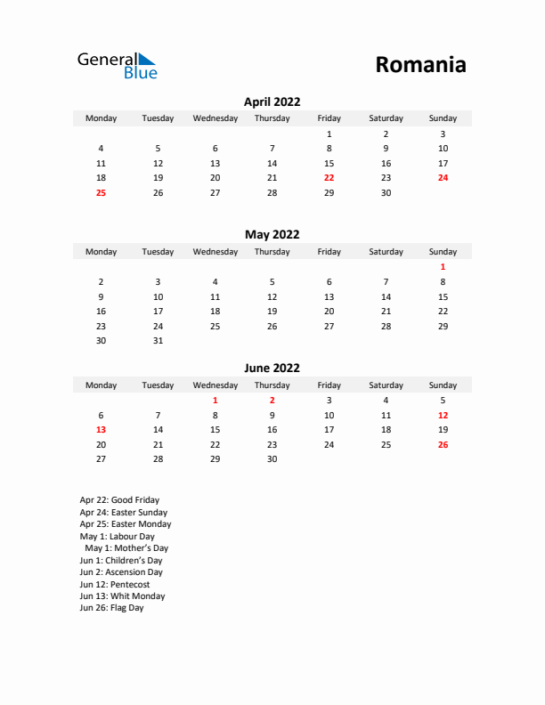 Printable Quarterly Calendar with Notes and Romania Holidays- Q2 of 2022