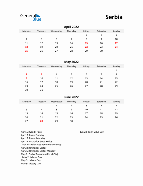 Printable Quarterly Calendar with Notes and Serbia Holidays- Q2 of 2022