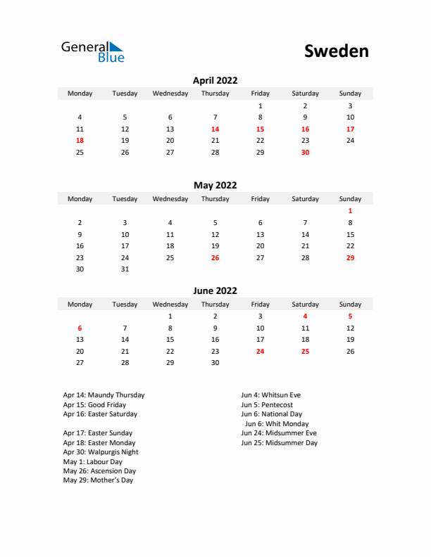 Printable Quarterly Calendar with Notes and Sweden Holidays- Q2 of 2022