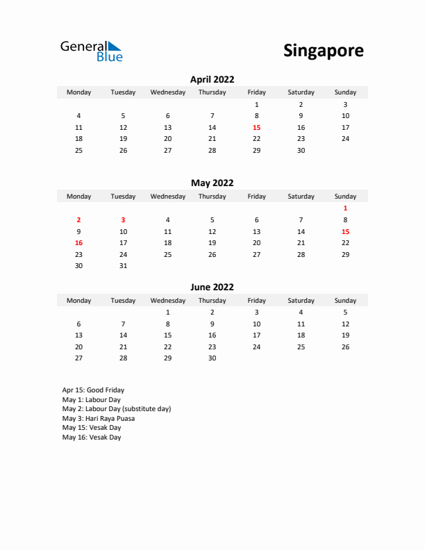 Printable Quarterly Calendar with Notes and Singapore Holidays- Q2 of 2022