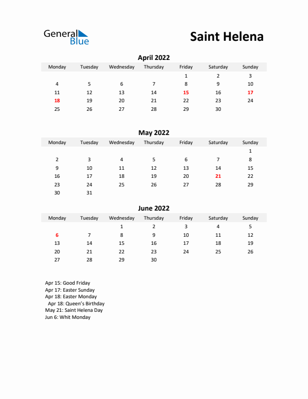 Printable Quarterly Calendar with Notes and Saint Helena Holidays- Q2 of 2022