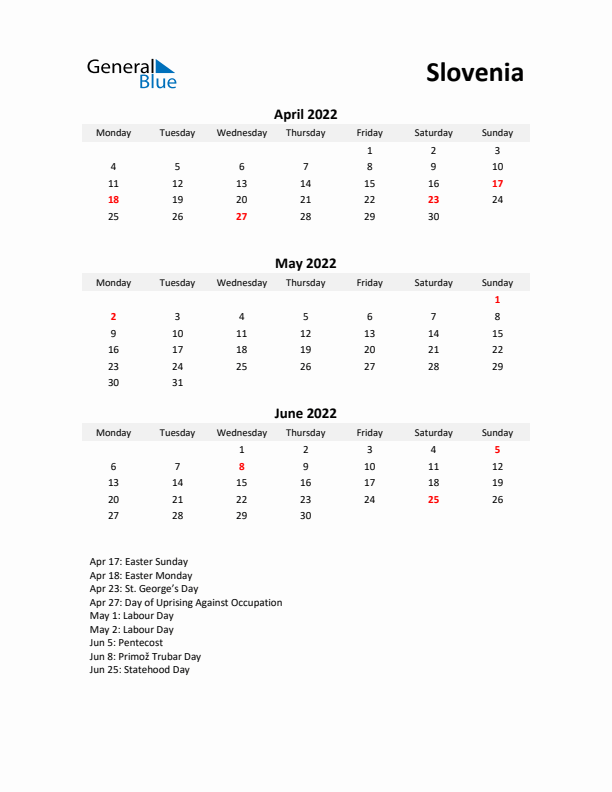 Printable Quarterly Calendar with Notes and Slovenia Holidays- Q2 of 2022