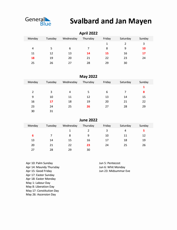 Printable Quarterly Calendar with Notes and Svalbard and Jan Mayen Holidays- Q2 of 2022