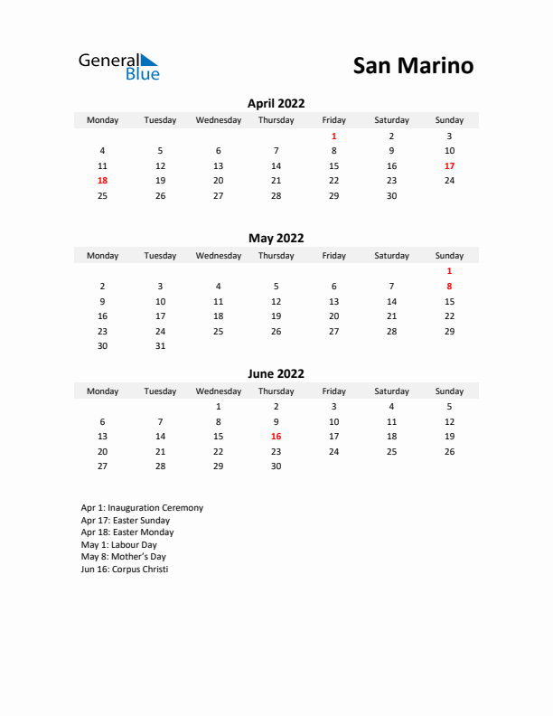 Printable Quarterly Calendar with Notes and San Marino Holidays- Q2 of 2022