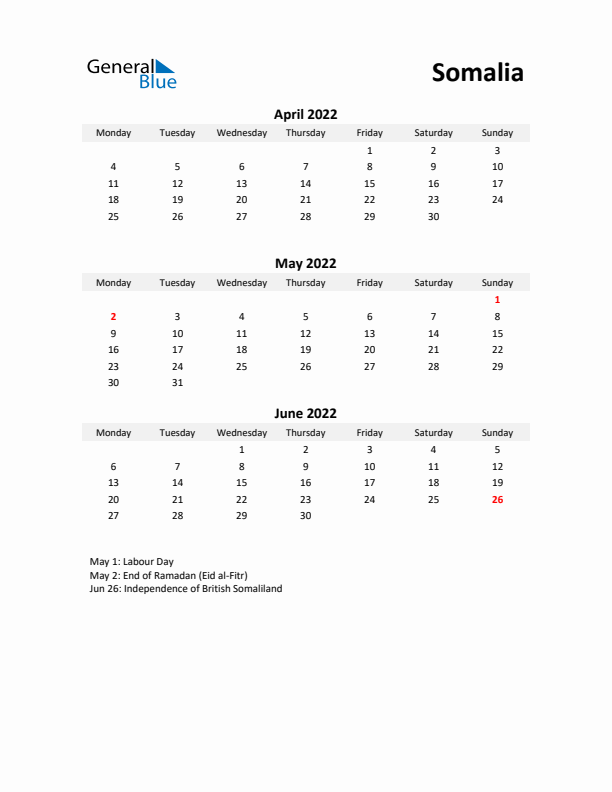 Printable Quarterly Calendar with Notes and Somalia Holidays- Q2 of 2022