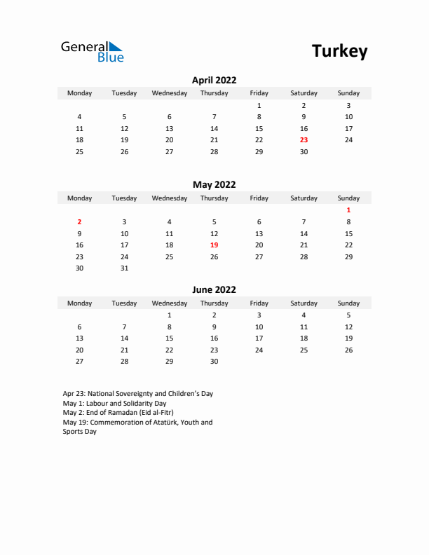 Printable Quarterly Calendar with Notes and Turkey Holidays- Q2 of 2022