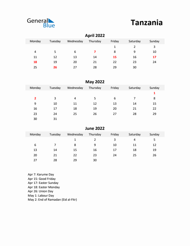 Printable Quarterly Calendar with Notes and Tanzania Holidays- Q2 of 2022