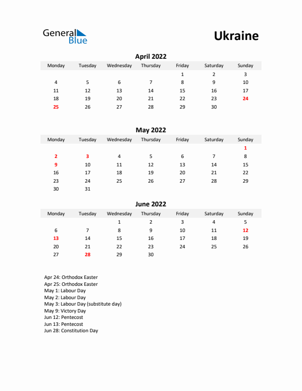 Printable Quarterly Calendar with Notes and Ukraine Holidays- Q2 of 2022