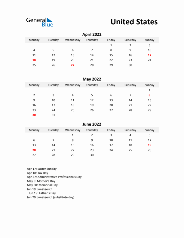 Printable Quarterly Calendar with Notes and United States Holidays- Q2 of 2022