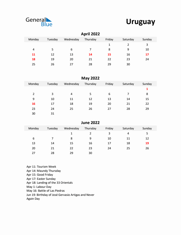 Printable Quarterly Calendar with Notes and Uruguay Holidays- Q2 of 2022