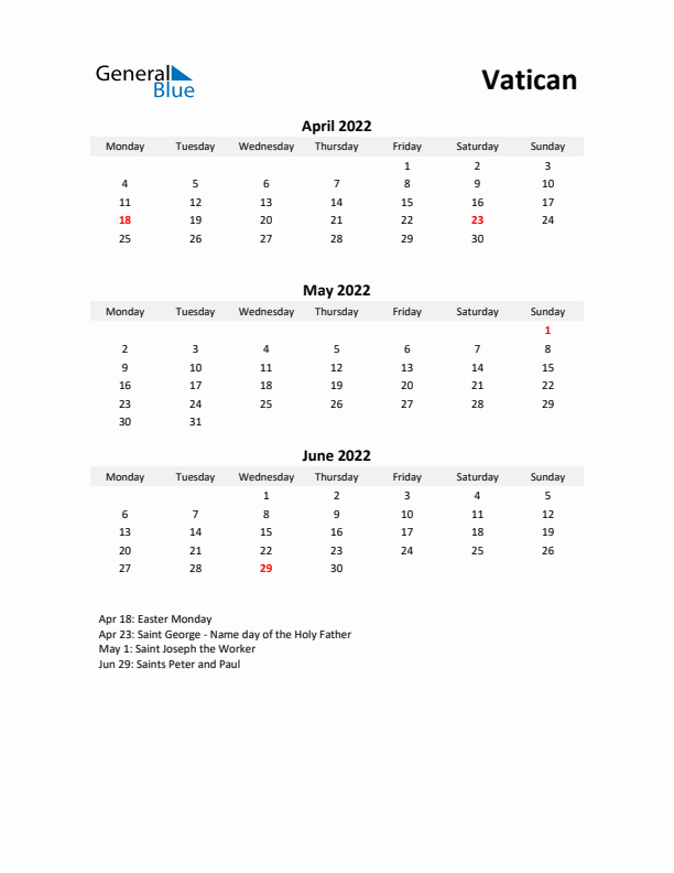 Printable Quarterly Calendar with Notes and Vatican Holidays- Q2 of 2022