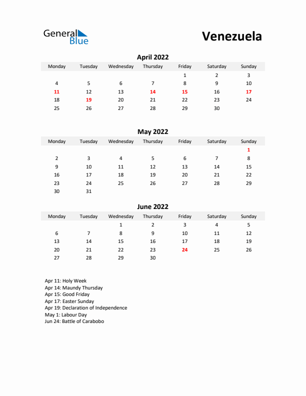 Printable Quarterly Calendar with Notes and Venezuela Holidays- Q2 of 2022