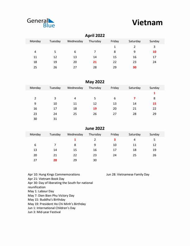 Printable Quarterly Calendar with Notes and Vietnam Holidays- Q2 of 2022