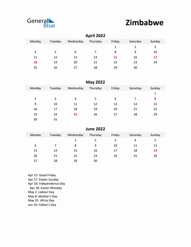 Printable Quarterly Calendar with Notes and Zimbabwe Holidays- Q2 of 2022