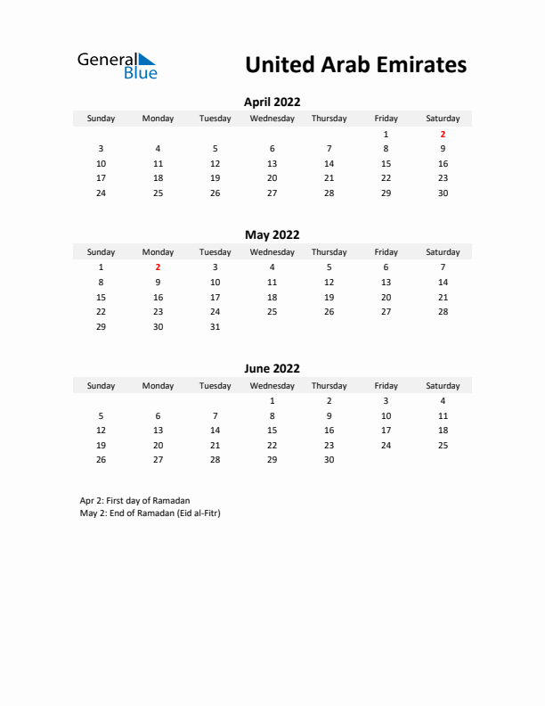 Printable Quarterly Calendar with Notes and United Arab Emirates Holidays- Q2 of 2022