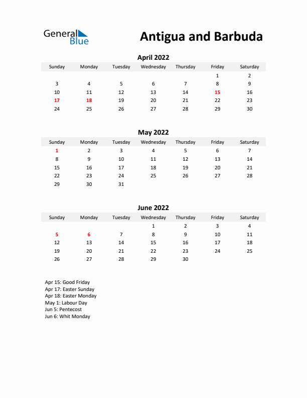 Printable Quarterly Calendar with Notes and Antigua and Barbuda Holidays- Q2 of 2022