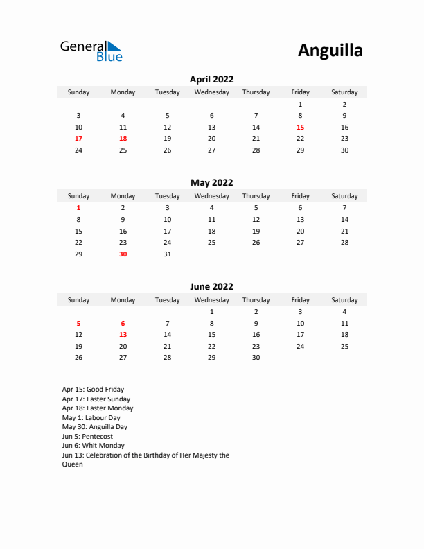 Printable Quarterly Calendar with Notes and Anguilla Holidays- Q2 of 2022