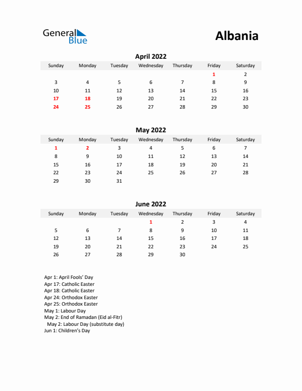 Printable Quarterly Calendar with Notes and Albania Holidays- Q2 of 2022