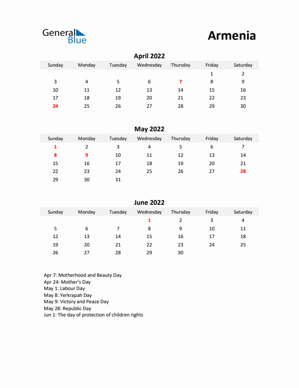 Printable Quarterly Calendar with Notes and Armenia Holidays- Q2 of 2022