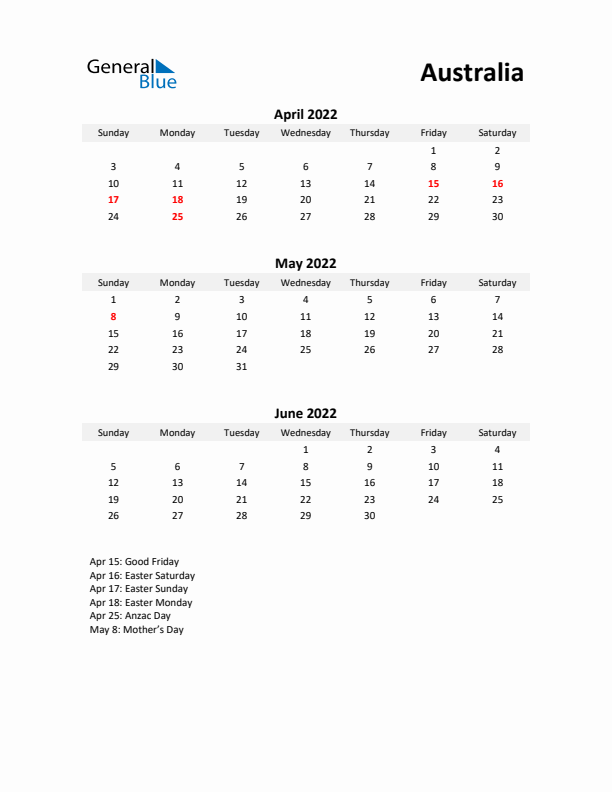 Printable Quarterly Calendar with Notes and Australia Holidays- Q2 of 2022