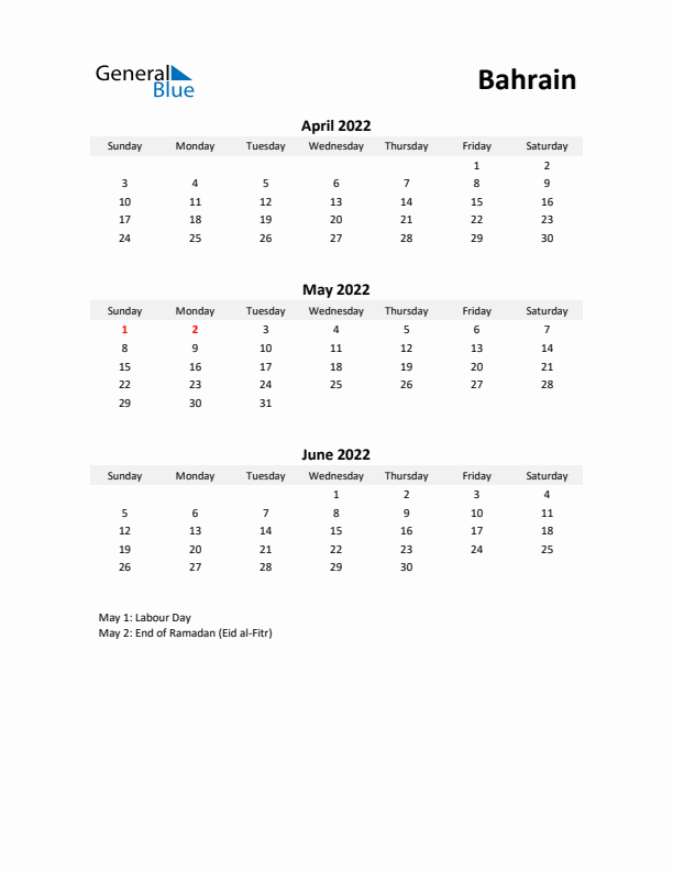 Printable Quarterly Calendar with Notes and Bahrain Holidays- Q2 of 2022