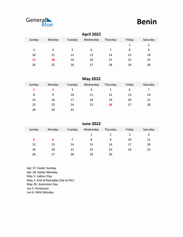 Printable Quarterly Calendar with Notes and Benin Holidays- Q2 of 2022