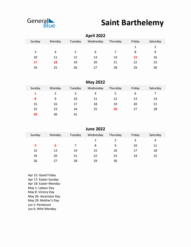 Printable Quarterly Calendar with Notes and Saint Barthelemy Holidays- Q2 of 2022