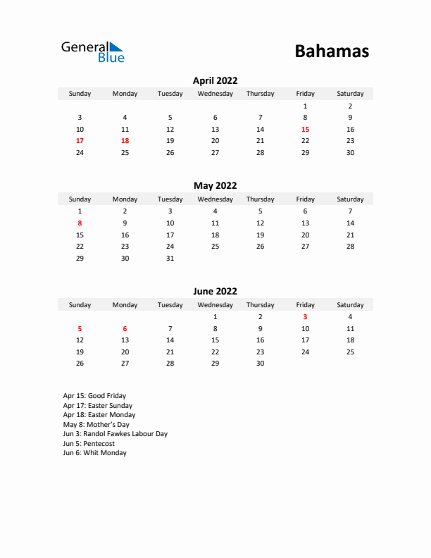 Printable Quarterly Calendar with Notes and Bahamas Holidays- Q2 of 2022