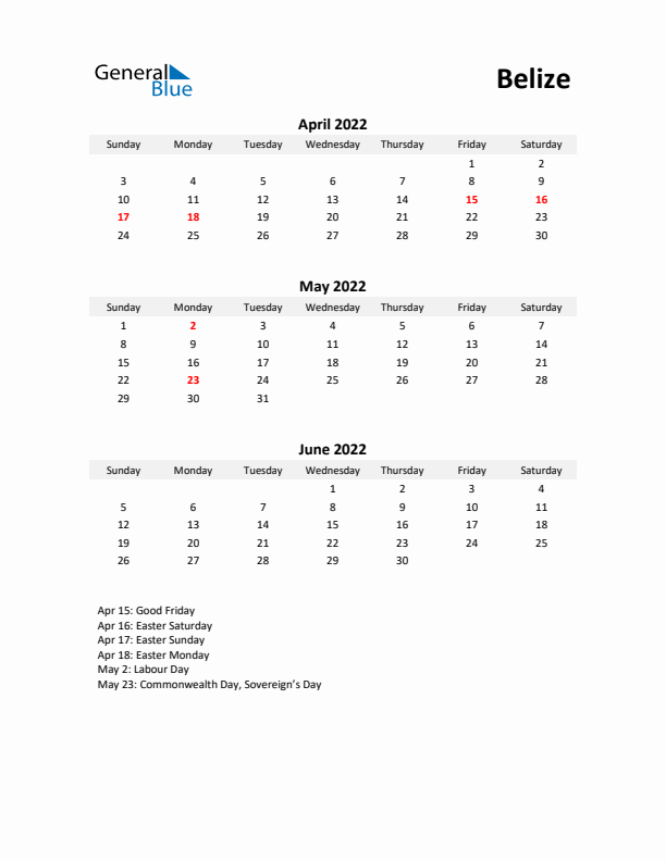 Printable Quarterly Calendar with Notes and Belize Holidays- Q2 of 2022