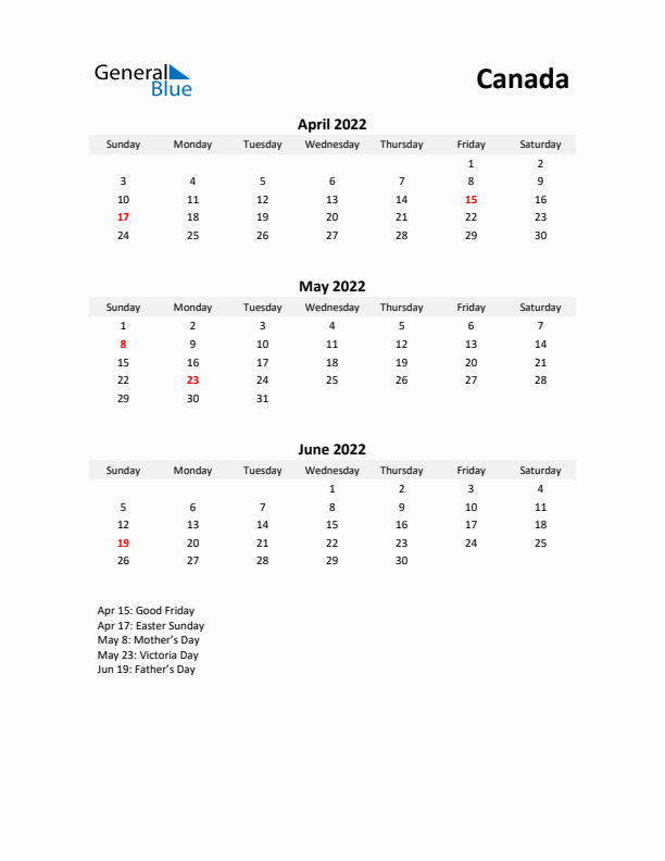 Printable Quarterly Calendar with Notes and Canada Holidays- Q2 of 2022