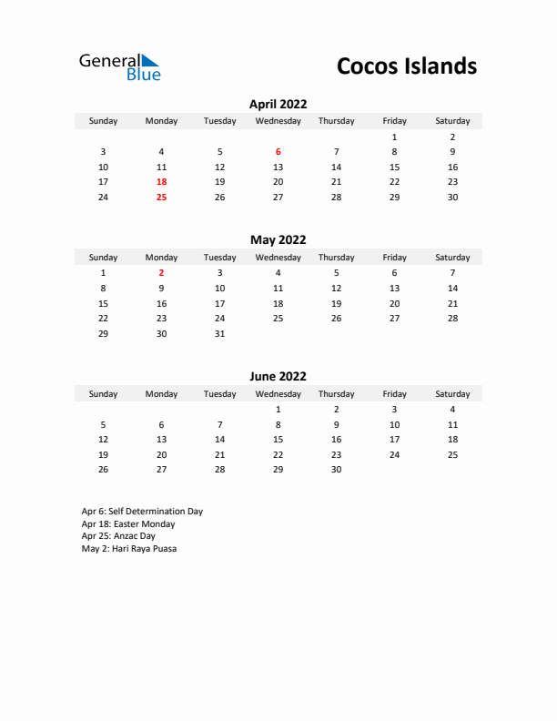 Printable Quarterly Calendar with Notes and Cocos Islands Holidays- Q2 of 2022