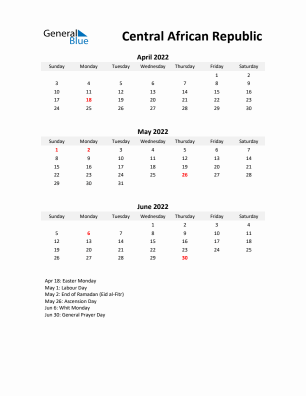 Printable Quarterly Calendar with Notes and Central African Republic Holidays- Q2 of 2022