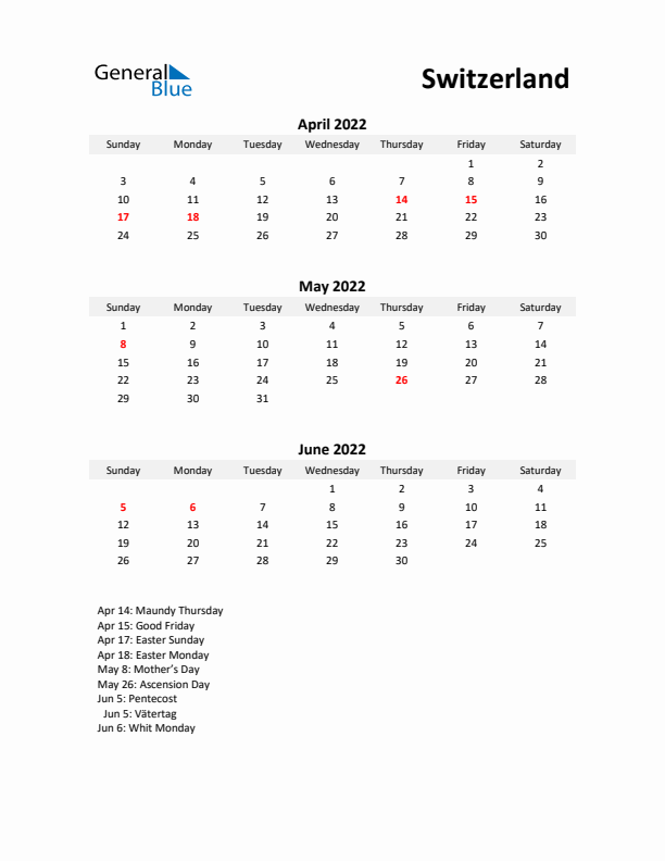 Printable Quarterly Calendar with Notes and Switzerland Holidays- Q2 of 2022