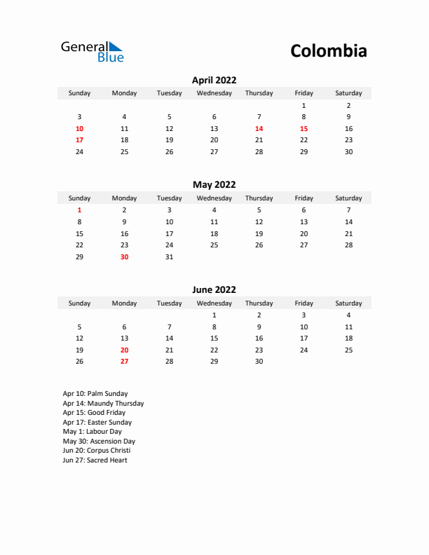 Printable Quarterly Calendar with Notes and Colombia Holidays- Q2 of 2022