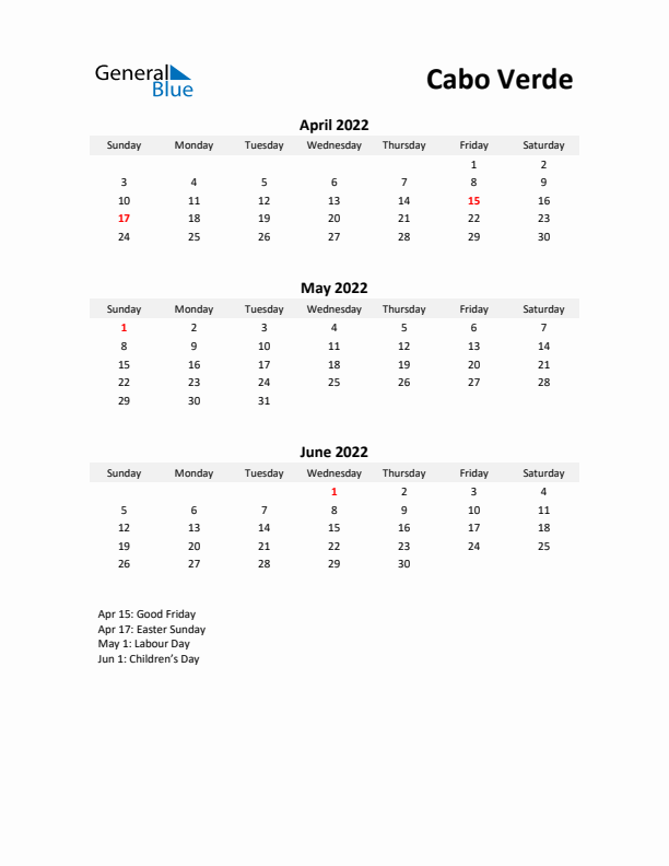 Printable Quarterly Calendar with Notes and Cabo Verde Holidays- Q2 of 2022