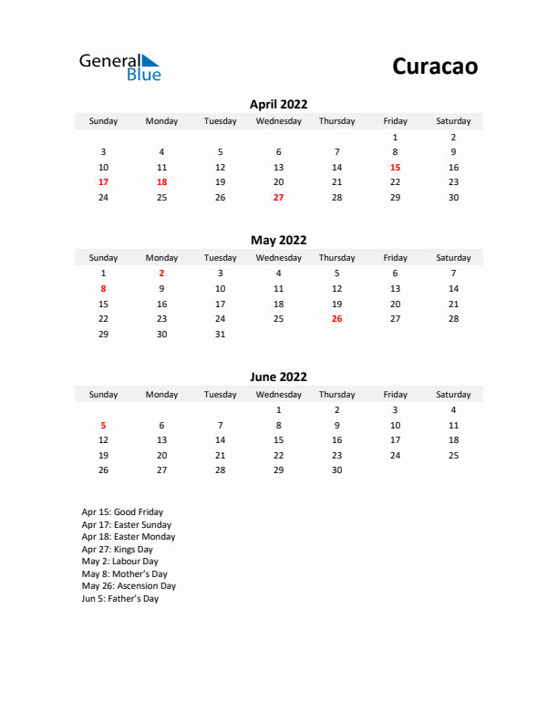 Printable Quarterly Calendar with Notes and Curacao Holidays- Q2 of 2022