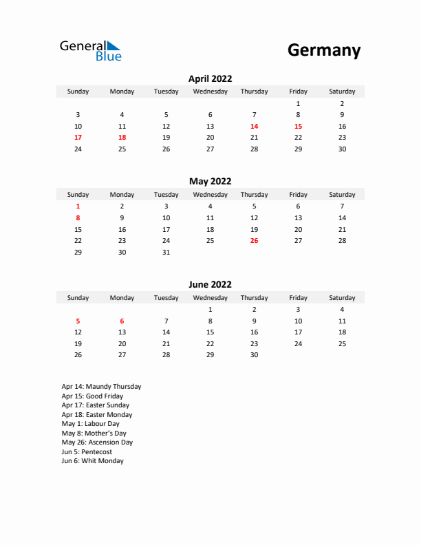 Printable Quarterly Calendar with Notes and Germany Holidays- Q2 of 2022