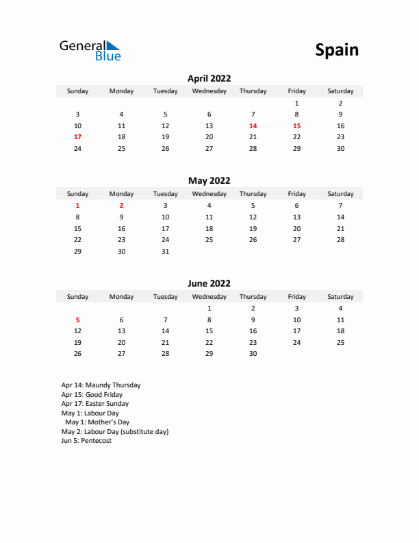 Printable Quarterly Calendar with Notes and Spain Holidays- Q2 of 2022