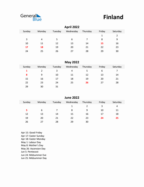 Printable Quarterly Calendar with Notes and Finland Holidays- Q2 of 2022