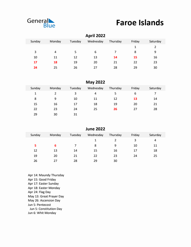 Printable Quarterly Calendar with Notes and Faroe Islands Holidays- Q2 of 2022