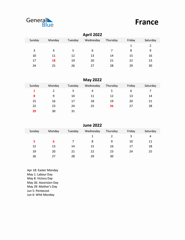 Printable Quarterly Calendar with Notes and France Holidays- Q2 of 2022