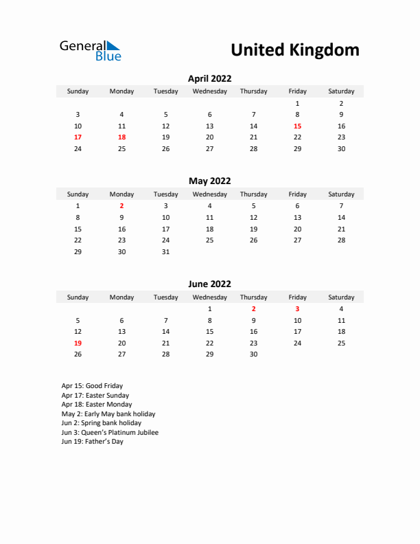 Printable Quarterly Calendar with Notes and United Kingdom Holidays- Q2 of 2022