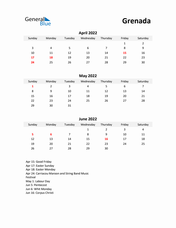 Printable Quarterly Calendar with Notes and Grenada Holidays- Q2 of 2022