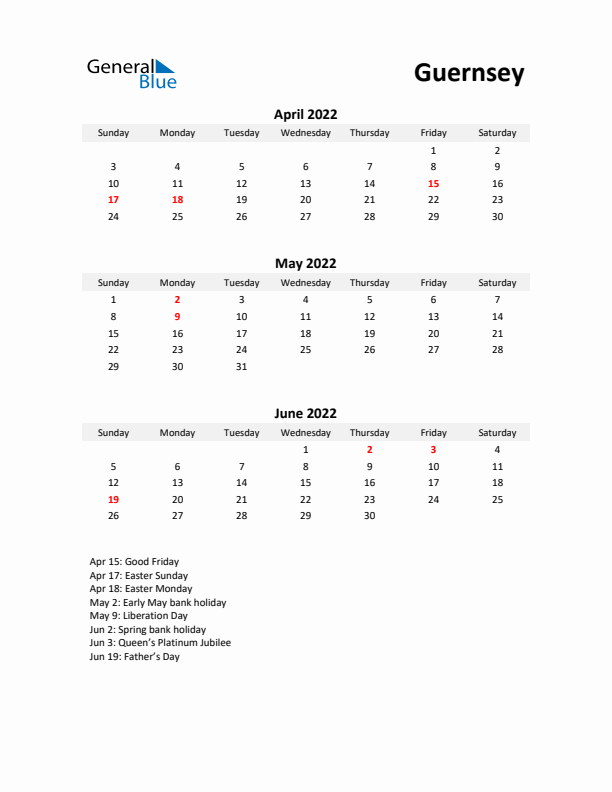 Printable Quarterly Calendar with Notes and Guernsey Holidays- Q2 of 2022